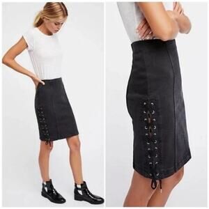Free People Size 0 Black Denim Lace Up Midi Pencil Skirt Grunge Festival Punk